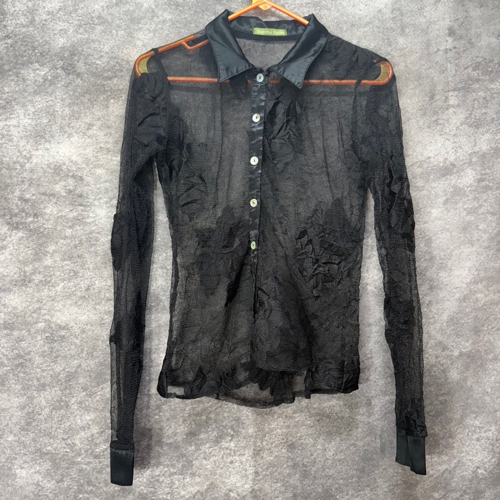 Beau Bois Black Sheer Lace Floral Button Down Shirt Women's M Whimsigoth Y2K